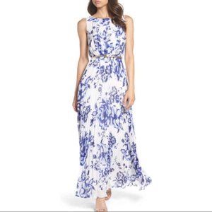 Eliza J Pleated Floral Chiffon Belted Maxi Dress in Cobalt Size 6